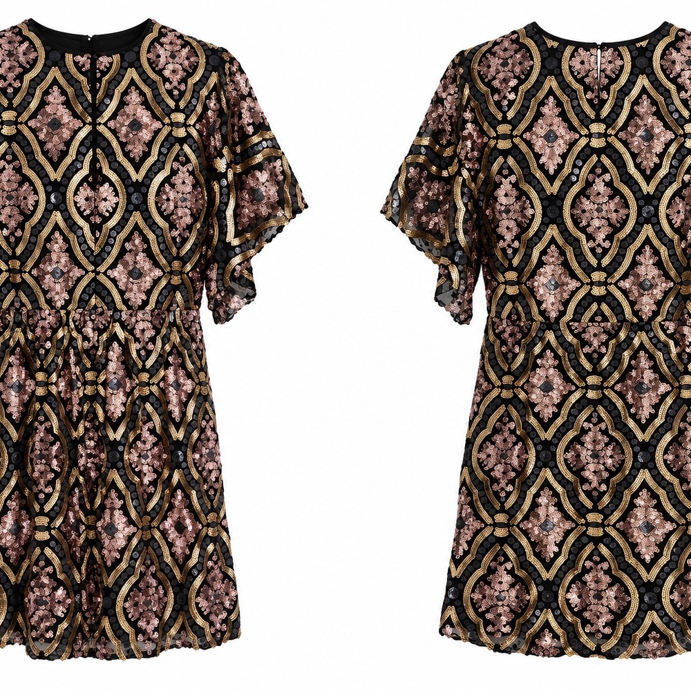Anthropologie Black Sequin Mini Dress with Rose Gold & Gold Motif